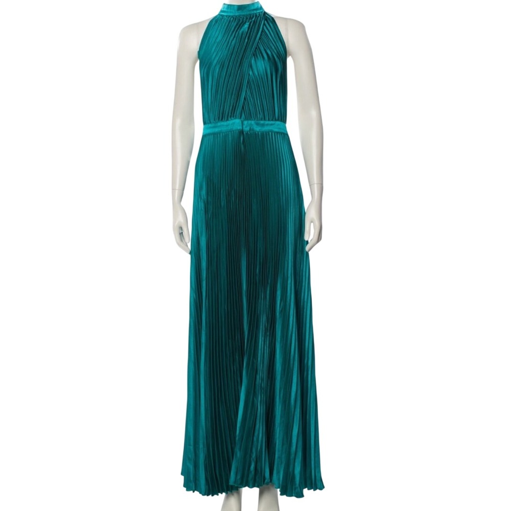 L'IDÉE Renaissance Pleated Halter Maxi Gown Teal Green Size 12 Open Back Glam